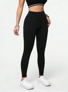 SHEIN Essnce Quần legging thể thao liền mạch bó sát dài toàn thân cho nữ - màu đen - Xem 3