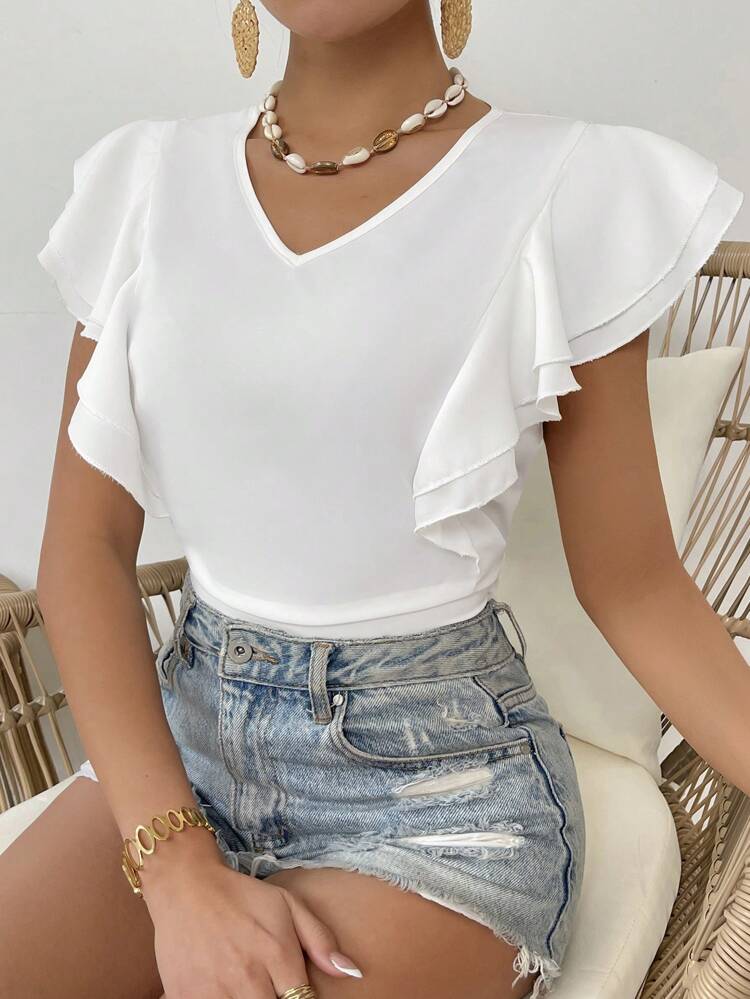 Women's Solid Color Short Cut Out Shoulder Shirt With Ruffle Detail