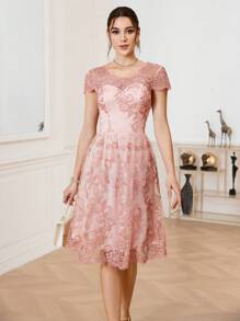 SHEIN BAE Vestido De Fiesta De Cóctel Con Cintura Ajustada Y Encaje De Patchwork - Rosa - Ver 6