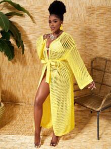 Slaydiva 1pc Knitted Vacation Cardigan With Holes Design - Yellow - View 2