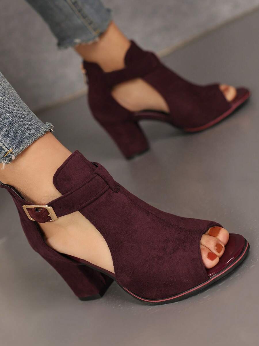 Fall/Winter 2025 High-Heeled Sandals, Burgundy Red Suede Strap Buckled Women's Shoes,Women Boots - Burgundy - View 1