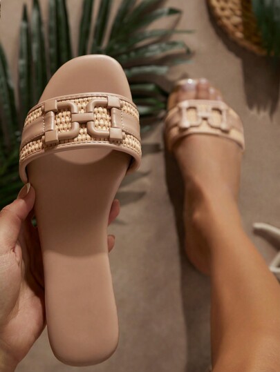 SHUZIA Women Shoes Round Toe Flat Dark Nude Pu Slip-On Slippers Women Fashion Flat Sandals Spring Shoes Spring Break Easter Vacation Shoes Casual Shoes Beach Shoes