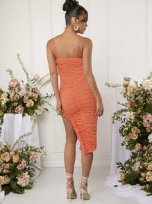 L'Amorae Frill Split Thigh Ruched Cami Dress - Orange - View 2