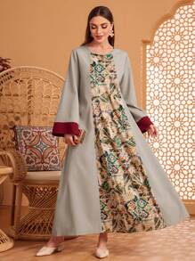Al Najma Printed Patchwork Flare Sleeve Dress Kaftan Jalabiya Dress - Grey - View 1