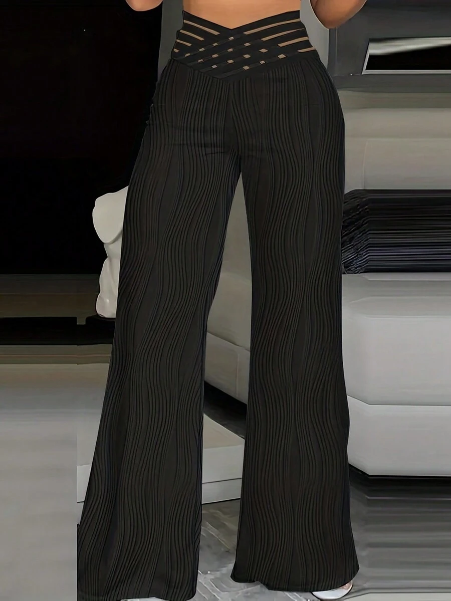 Pantalones Anchos Con Textura De Rayas Y Diseño Cruzado En La Parte Delantera - Negro - Ver 1