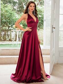 MUXXN 1950年代复古V领露背缎面鸡尾酒礼服，正式舞会礼服，婚礼宾客礼服，春季优雅晚宴礼服 - 紅色 - 查看 8