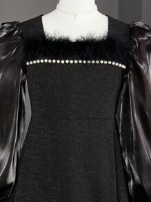 SHEIN Tween dziewczynka Kochany Perłowa dekoracja Rozcięty brzeg Pierze Lamówka Sukienka Midi