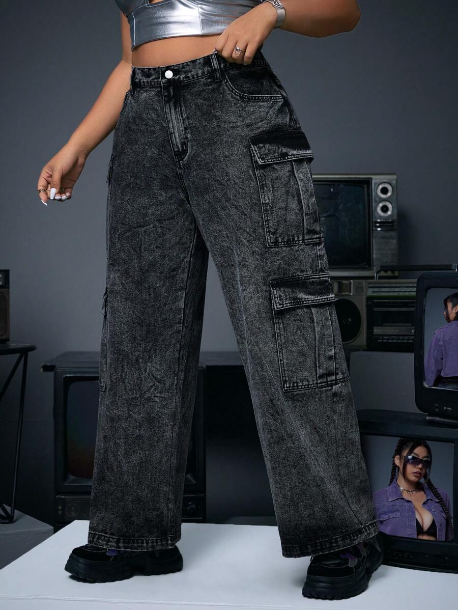 SHEIN ICON Plus Size Women's Cargo Boyfriend Jeans - Black - View 1