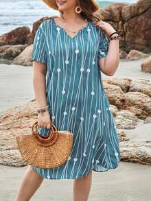 EMERY ROSE Kích thước lớn Của phụ nữ Chấm bi , Sợi dây & Họa tiết Hình học Cổ áo có khía Đầm Với Tròn Cho mùa hè - Nhiều màu - Xem 3