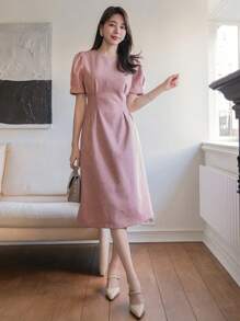 DAZY Vestido de verano de mujer de manga abultada con cuello redondo y unicolor - Rosa - Ver 8