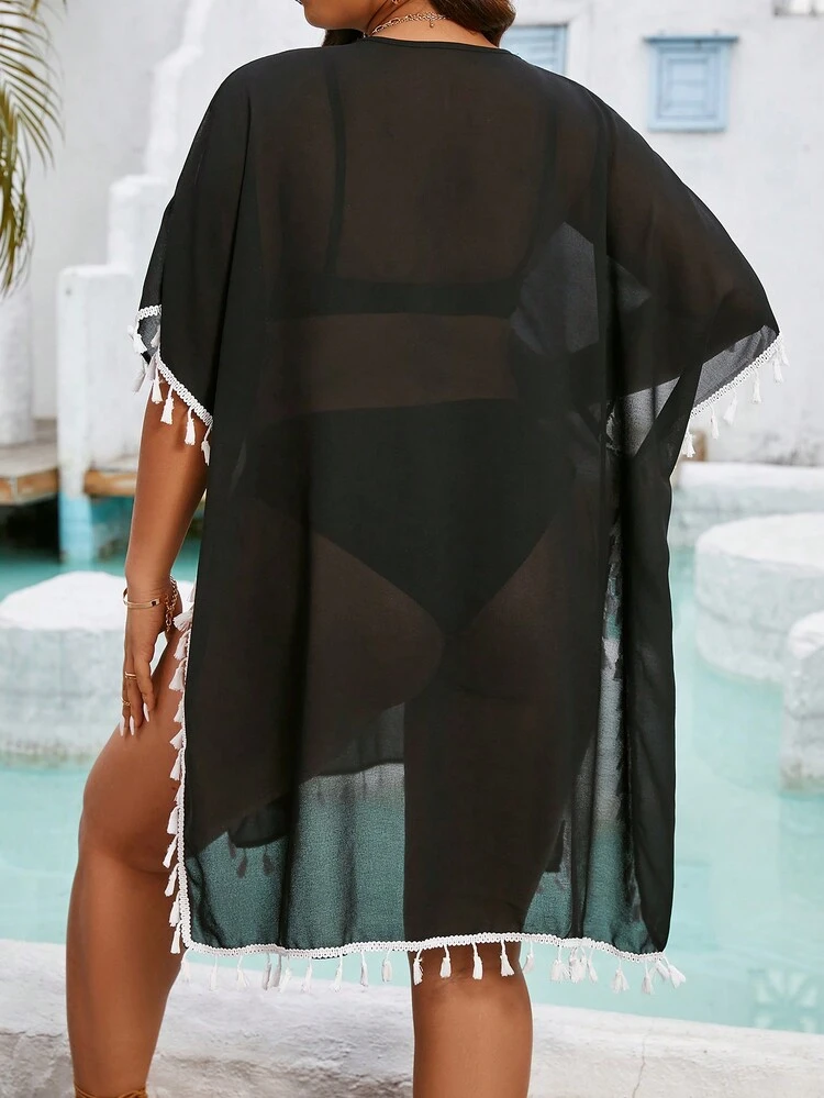 Plus Size Women's Contrast Color Lace Splice Fringe Decorated Top