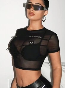 SHEIN ICON Camiseta Corta Transparente De Malla Negra Con Diseño De Mirilla Para Mujer - Negro - Ver 3