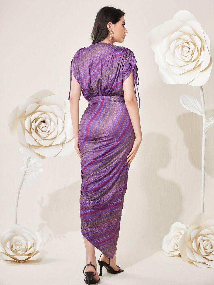 Women's Geometric Printed Drawstring Batwing Sleeve Dress