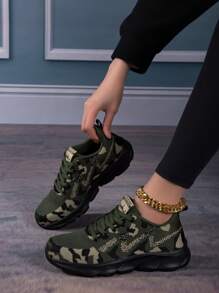 Zapatos deportivos casuales ligeros con cordones de malla de camuflaje de unicolor para mujer, para todas las estaciones, tenis para mujer - Verde militar - Ver 3