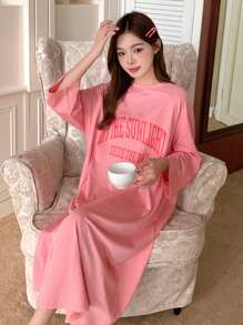 DAZY Casual Home Dress With Letter Printed Pattern Summer, Moo Moo Pajama - Pink - View 9