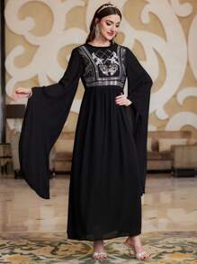 Layrah Women'S Glitter Patchwork Flare Sleeve Turkish Long Shirt Eid Dress, Elegant Luxury Evening Party Style Kaftan Jalabiya Dress - Black - View 3