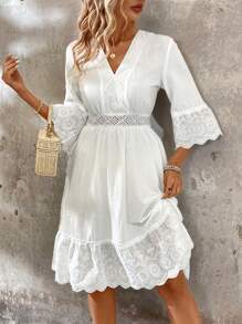 SHEIN LUNE Patchwork Hollow Out Embroidery V-Neckline Dress With Ruffled Hemline And Waist Cinched Design