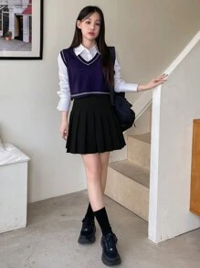 DAZY 女款純色百褶裙 夏季校園風 - 黑色 - 查看 2
