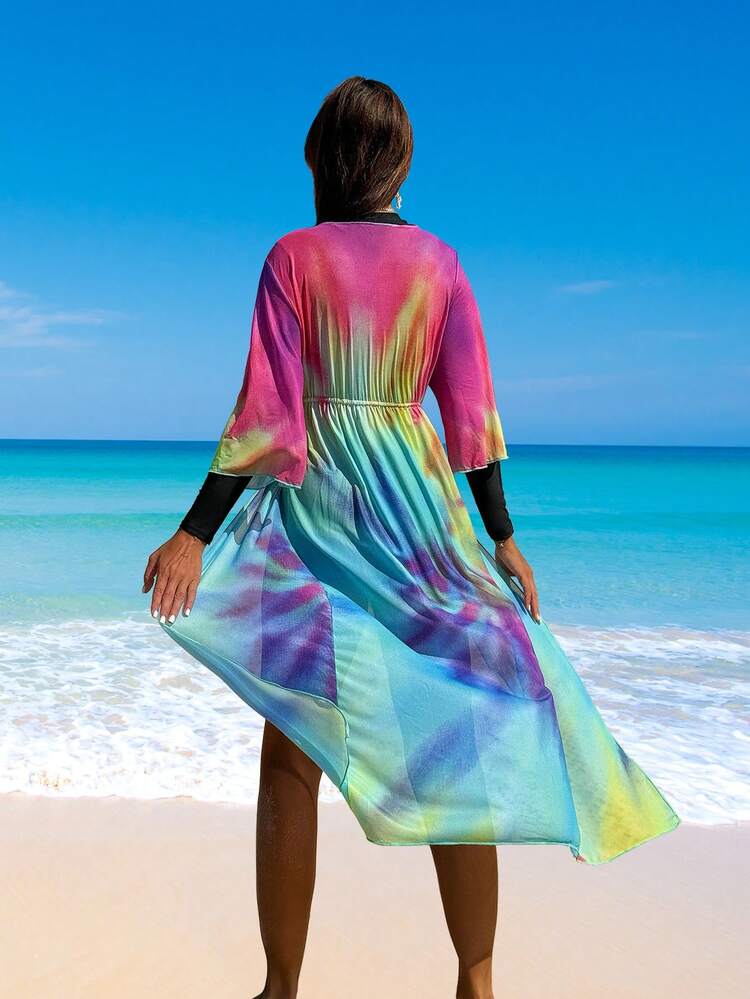 Women's Black One Piece Swimsuit And Tie Dye Mesh Cover Up, For Summer, Beach, Vacation, Travel, Festival, Swimming Pool, Surfing