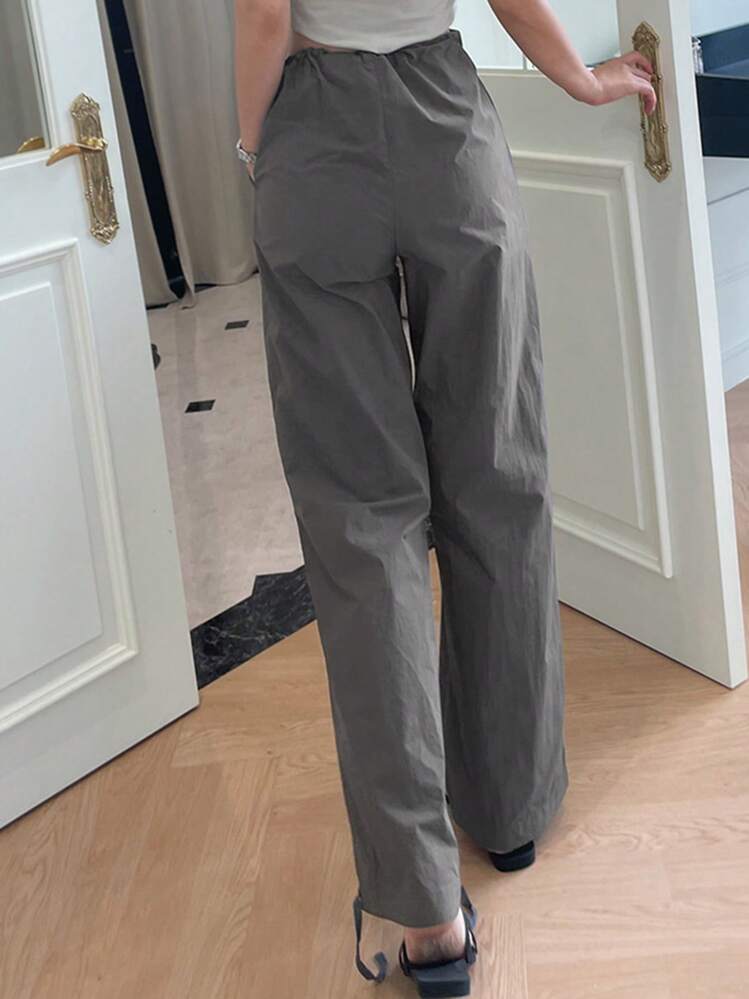 純色束腰拉繩側口袋松緊直筒長褲 - 灰色 - 查看 2