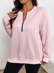 SHEIN LUNE Kích thước lớn Màu thuần Dây kéo nửa Áo nỉ - Bụi hồng - Xem 4