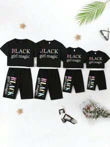 SHEIN Ensemble T-shirt À Manches Courtes Imprimé Pour Filles Tween Avec Slogan Et Short De Cyclisme