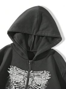 SHEIN Unity Của phụ nữ Bộ xương In Dây kéo mặt trước Hoodie - Xám - Xem 4