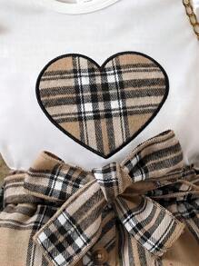Baby Girl Heart Embroidery Ruffle Trim Tee & Plaid Print Skirt - Multicolor - View 3