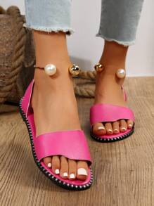 全新夏季纯色休闲时尚金属仿珍珠扣装饰平底凉鞋 女式情人节款 - 玫紅色 - 查看 2