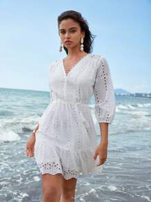 Anewsta Romantic Beach Style White Mid-Sleeve V-Neck Lace Splice Casual Dress With Waistbelt - White - View 6