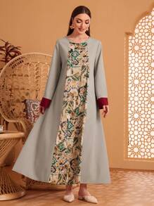 Al Najma Printed Patchwork Flare Sleeve Dress Kaftan Jalabiya Dress - Grey - View 5
