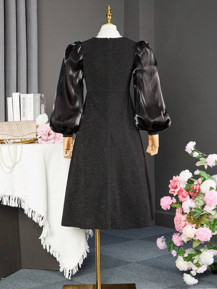 Tween Girls' Lovely Pearl Decor Split Hem Feathers Trim Midi Dress