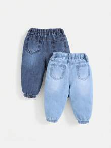 SHEIN Ensemble De 2 Pièces De Jeans En Denim Respirant Doux À La Mode Pour Bébé Garçon Lavés En Bleu Clair Et Foncé Pour Le Printemps Et L'été