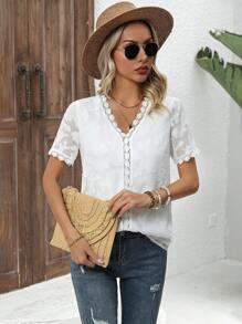 SHEIN LUNE 女式純色空心花邊插花拼接上衣 - 白色 - 查看 6