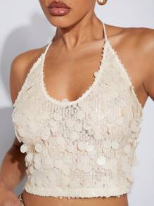 Hauture 女士亮片米色性感亮片短款露背上衣，约会之夜，音乐会，表演，音乐节，派对 - 白色 - 查看 3