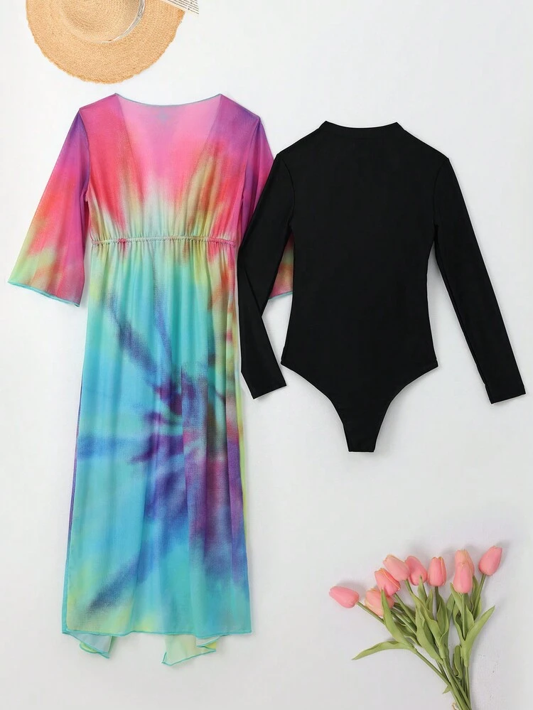 Women's Black One Piece Swimsuit And Tie Dye Mesh Cover Up, For Summer, Beach, Vacation, Travel, Festival, Swimming Pool, Surfing