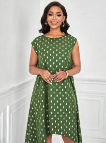 SHEIN Clasi Polka Dot Print Round Neck Asymmetric Hem Dress - Green - View 5