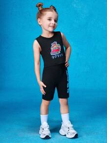 Nick 90s | SHEIN Conjunto De Top Sin Mangas Y Leggings Para Niña Con Estampado De Personaje De Caricatura De Coche - Negro - Ver 5