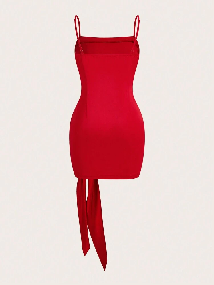 Summer Women's Solid Color Wrap Tie Strap Sexy Red Cami Dress