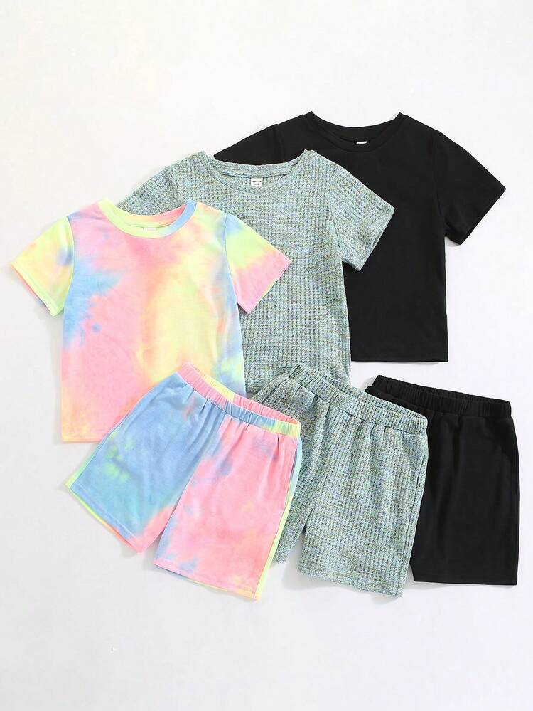 6pcs Young Boys' Casual Tie Dye Satin Colorful Checkered Round Neck Short Sleeve T-Shirt And Shorts Set, Suitable For Holiday Or Home Wear