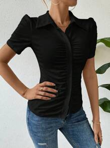 Chiquease Solid Color Pleated Puff Sleeve T-Shirt - Black - View 6