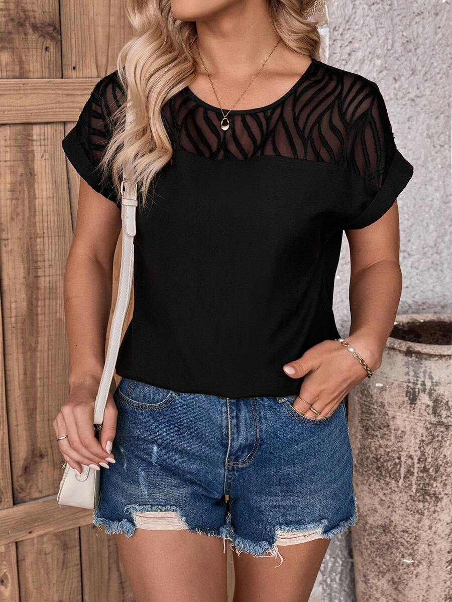 SHEIN LUNE 女士固色露肩拼接蝙蝠袖衫 - 黑色 - 查看 1