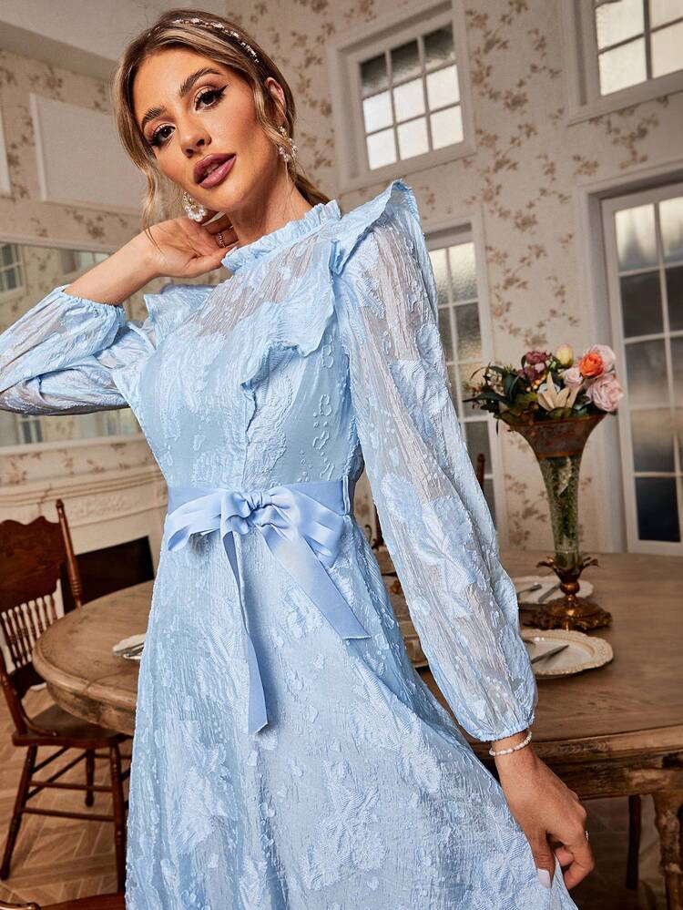 Simplee Women's Jacquard Sleeveless Dress With Ruffle Hem Decoration - Blue - View 3