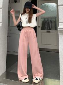 Dazy Designer Women's Pink Letter Embroidery Drawstring Waist Long Pants