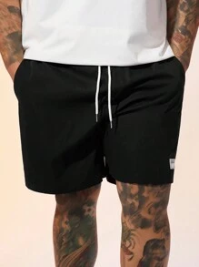 EASEVO Men's Plus Size Alphabet Patch Woven Casual Straight Shorts Baggy Drawstring Knee Plain Black Going Out