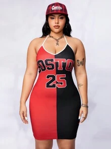 SHEIN Coolane Plus Two Tone Letter Graphic Halter Dress - Multicolor - View 1
