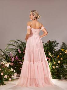 Faeriesty Đầm dự tiệc lưới bèo nhún hở vai cho bà bầu Dressalisa - Bụi hồng - Xem 3