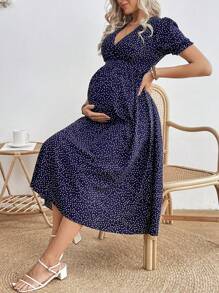 SHEIN Maternity Polka Dot Printed V-Neck Dress - Royal Blue - View 1