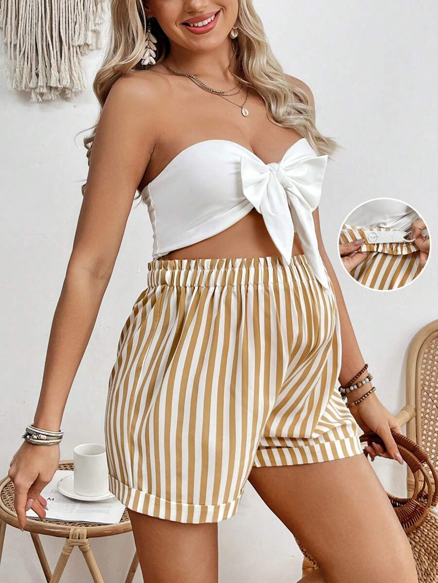 SHEIN 两件套孕妇休闲蝴蝶结露脐吊带背心和可调节腰带条纹短裤套装 - 彩色 - 查看 1