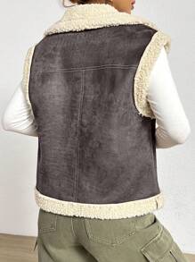 SHEIN EZwear Chaleco Con Parches De Piel Y Piel - Caqui - Ver 2